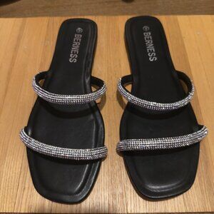 Slide sandals with two crystal-embellished straps